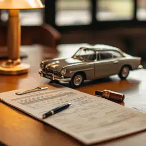 A set of papers near a car on a table.