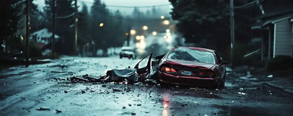 A car crashed on a road.