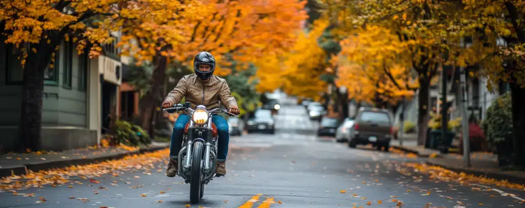 A man riding a motorcycle in Portland.