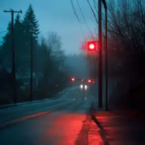 A red signal on a road.