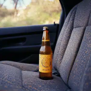 A beer bottle on a car seat