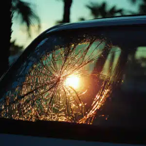 A broken window of a car