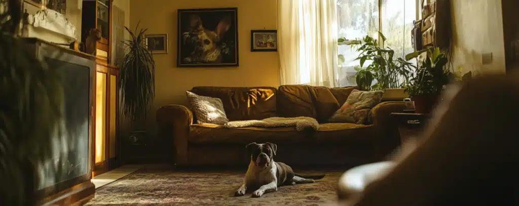 A dog sitting in a house.