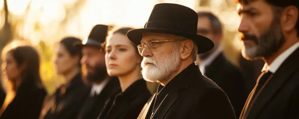 A group of people in a funeral.