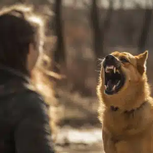 An aggressive dog trying to scare a woman