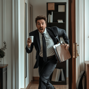 An out of breath lawyer running late for an important meeting