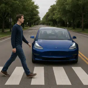 a car waits to let a pedestrian cross the road