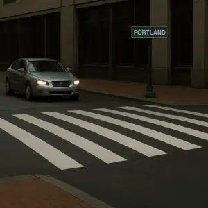 Car waiting at a crosswalk, marked for pedestrians