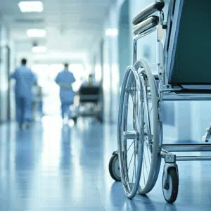 A wheel chair in the hospital corridor