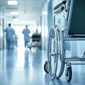 A wheel chair in the hospital corridor