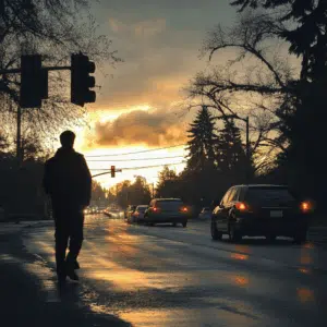 pedestrian waiting to cross a road in Portland