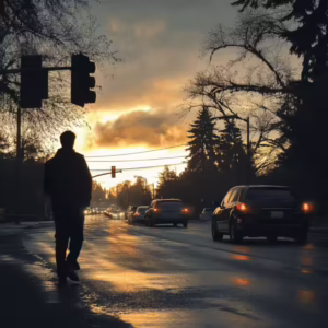 pedestrian waiting to cross a road in Portland