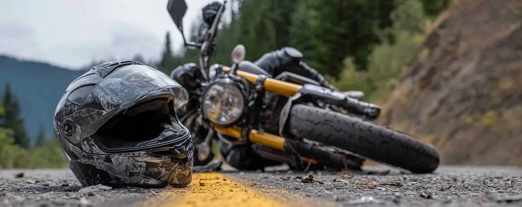 A bike lying flat on a road after a motorcycle accident