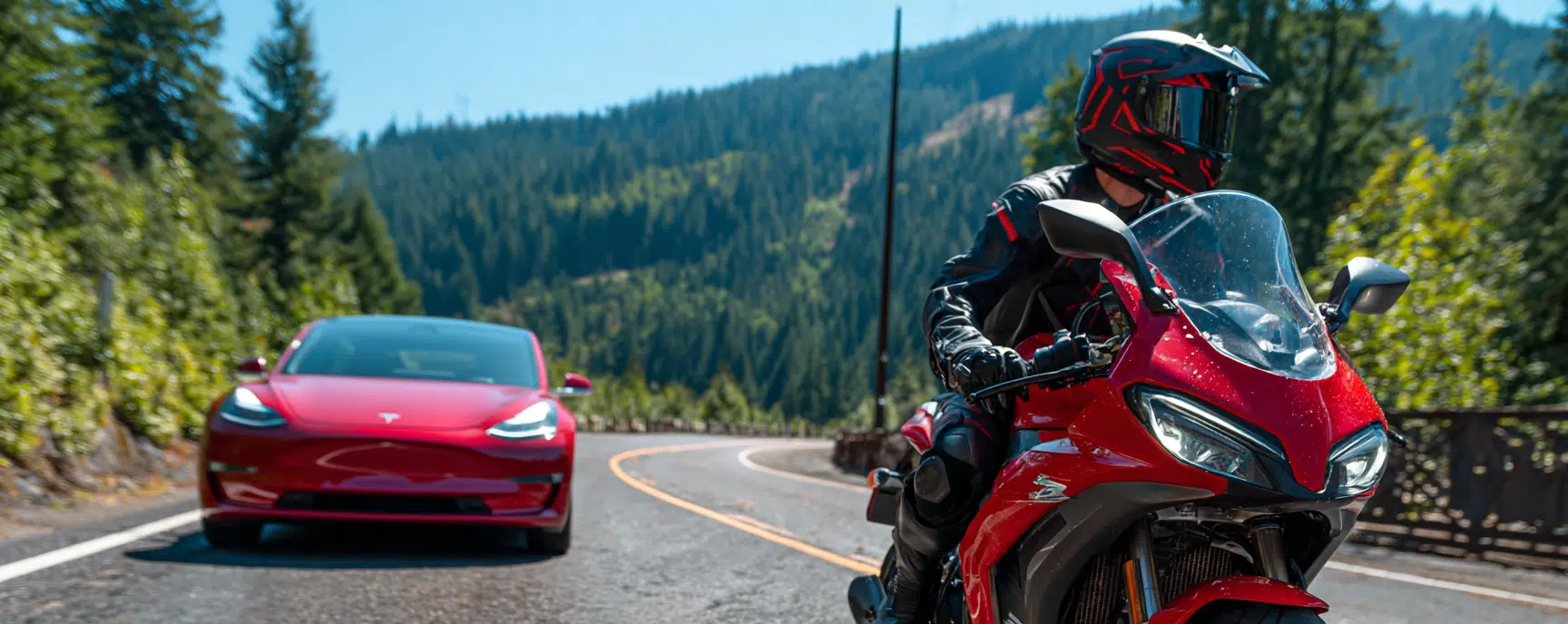 Motorcyclist keeping a safe distance from the car