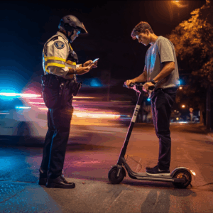 A police officer gives a ticket to a drunk E-scooter driver after observing erratic driving